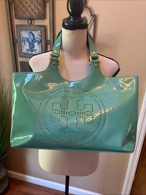 Tory Burch Patent Perforated Logo Tote in Teal